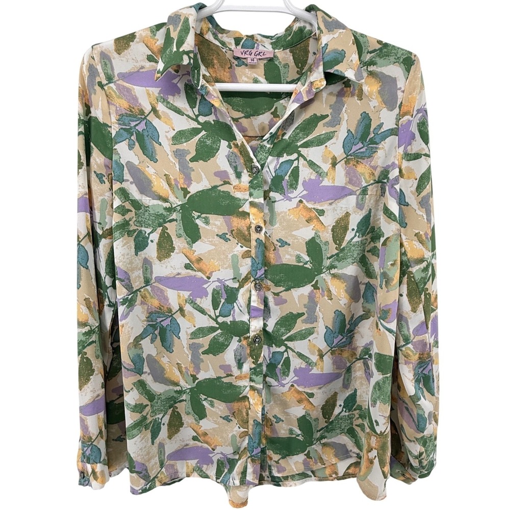 VRG‎ GRL Button Down Women 14 Green Purple Floral Long Sleeve Abstract Blouse